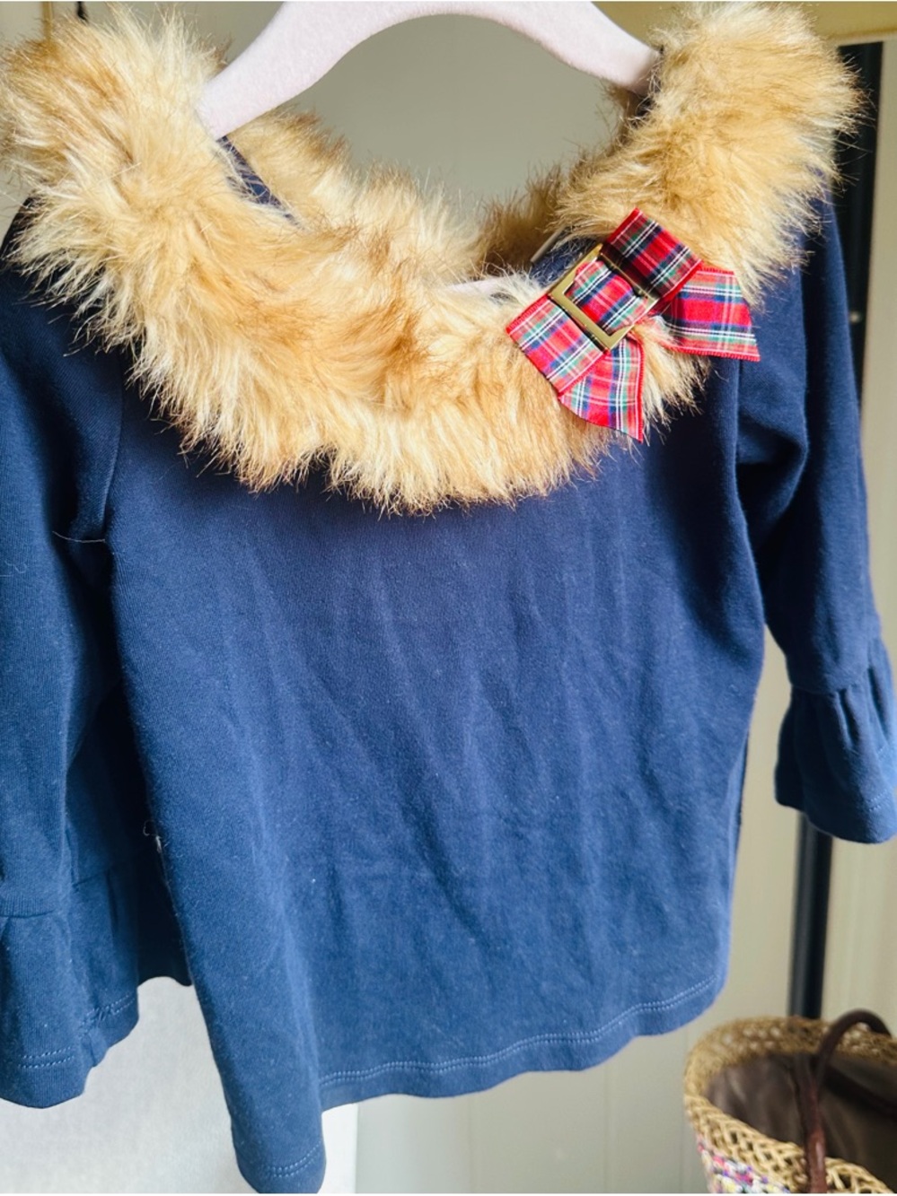 Janie and Jack Navy Long-Sleeve Top with Faux-Fur Collar & Plaid Bow